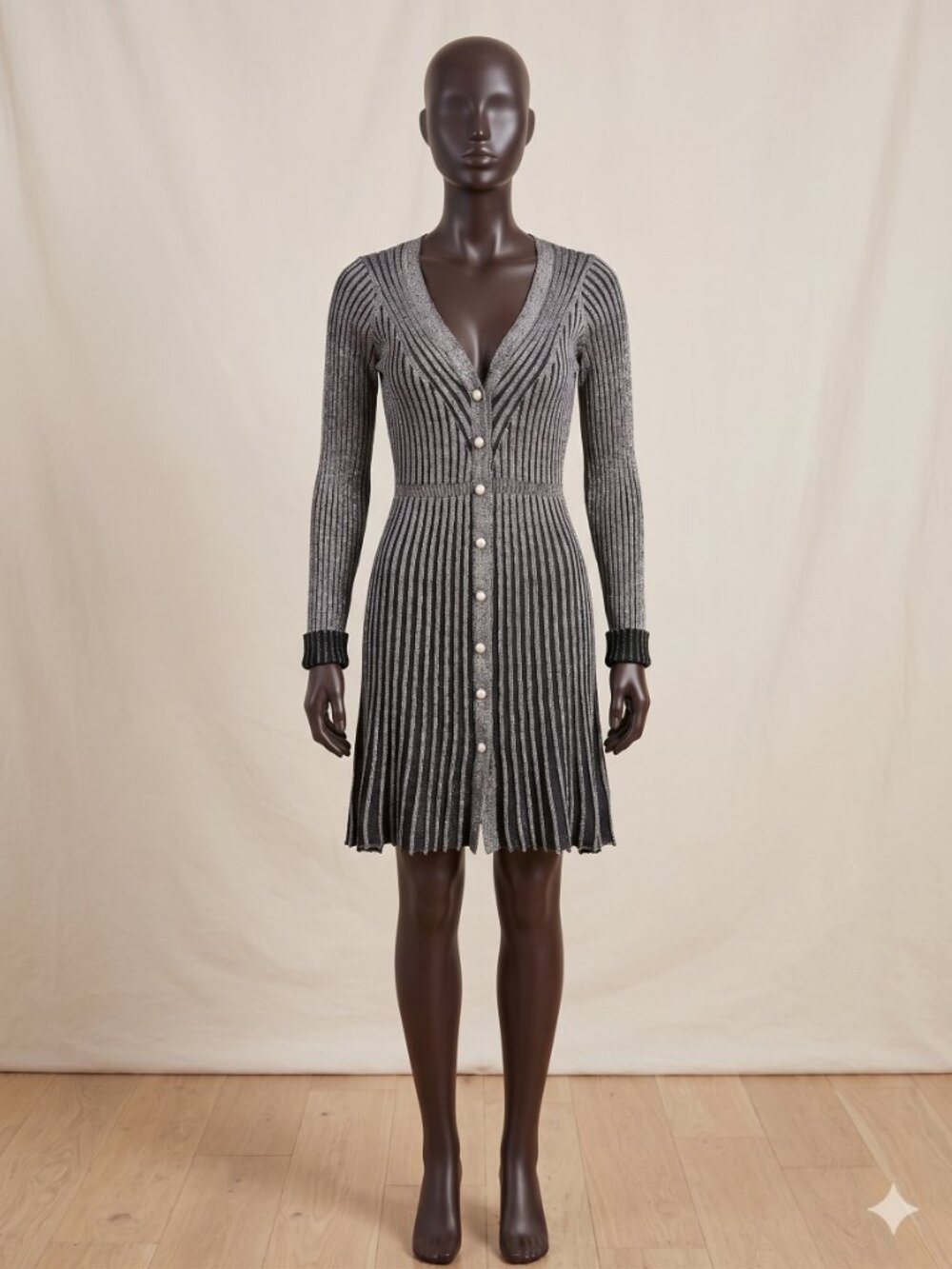 NWT Taylor Ribbed V-Neck Sweater Dress Grey Metallic Button Front Fit Flare S